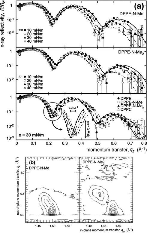 (a) Top panels: Representative XR data of methylated DPPE surface monolayers on water as indicated. Bottom: Homologous series of lipids at the same surface pressure, π
						= 30 mN m−1. The inset exemplifies the systematic shift of XR curves with increasing headgroup size. Error bars were determined from counting statistics. Lines show best fits derived from VRDF models. (b) Representative results on grazing-incidence X-ray diffraction from monolayers of DPPE-N-Me and DPPE-N-Me2 at π
						= 40 mN m−1 on water (T
						= 20 °C).