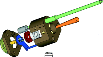 Exploded view of the 360 GHz cw EPR probehead. From left to right: spherical Fabry–Perot resonator-mirror (gold-plated quartz, yellow), springs (phosphorus bronze, black), single-loop ENDOR coil (light blue), ENDOR rf leads and oscillating circuit (blue), tuning rod bushes (bronze, grey), modulation-coil holder (red), coupling mesh (flat Fabry–Perot mirror) holder (white), main body (Tufnol, brown) with taper-centering screws (yellow), corrugated waveguide-taper (orange), tuning rods (copper/epoxy resin glass fabric, green).