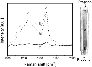 G(R∞) corrected Raman spectra at different positions in the reactor after 250 min of propane dehydrogenation at 550 °C. The spectra were taken at the top (solid), middle (dashes) and bottom (dots) of the reactor.