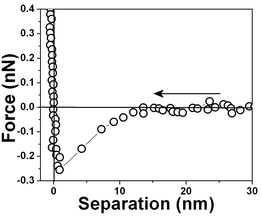 Force vs. separation curve for hydrophobic silicon surfaces measured ∼15 min after silicon immersion in water, measured with 0.03 N m−1 spring constant cantilever.