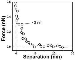 Force vs. separation curve for a polycrystalline gold substrate immersed in water showing its hydrophobic nature.