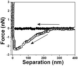 Typical force vs. separation curves ● for an air bubble from a 11% mixture of methanol and water, curve ○ is from Fig. 3.