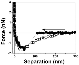 Force vs. separation curve measured in an air bubble trapped within water at pH 6, curve □ with a 0.03 N m−1 and curve ● with a 0.1 N m−1 spring constant cantilever.