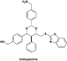 Uretupamine was discovered from a small molecule microarray as a ligand to the protein Ure2p; the primary alcohol was attached covalently to the glass surface.