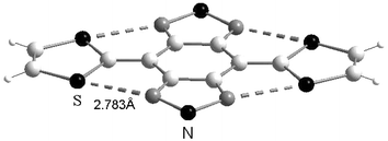 X-ray structure of 21a
						(R = H) redrawn from ref. 58, copyright (1992) with permission from the American Chemical Society. The S—N interactions are presented by dotted lines.
