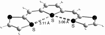 Molecular structure of 38a
							(R = H) redrawn from ref. 88, copyright (1994) with permission from Wiley-VCH. The intramolecular S—S contacts are presented by dotted lines.