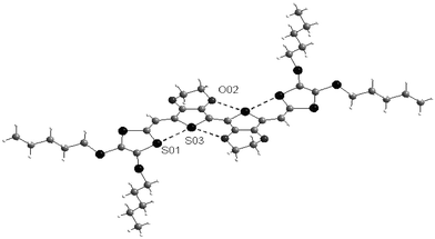 Structure of 45
							(R = SC5H11) from ref. 93, copyright (2003) with permission from Elsevier. The S—O and S—S interactions are shown by dotted lines.