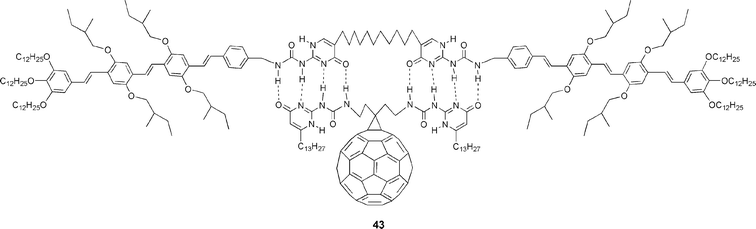 Structure of a hydrogen-bonding supramolecular heterodimer containing two OPV units and a C60 derivative.