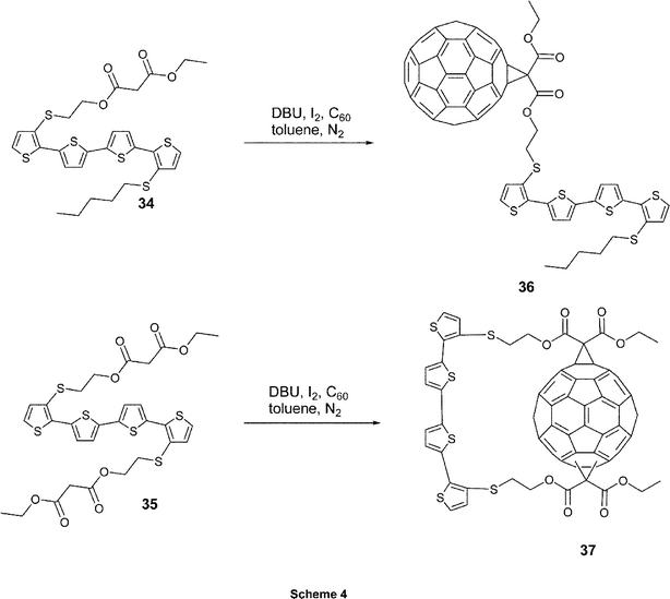 Synthetic approaches to obtain C60 connected in a single (36) or double fashion (37) to the inner β-position of the terminal thiophene rings of a quaterthiophene moiety.