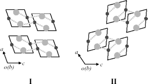 Two kinds of packing modes in complexes 1–6: mode I for 1, 2 and 6; and mode II for 3–5. Each parallelogram represents the projection of a single helix. The small circles in dark gray and large circles in light gray represent silver atoms and anions, respectively. The dotted lines indicate weak interactions between the silver cations and anions.