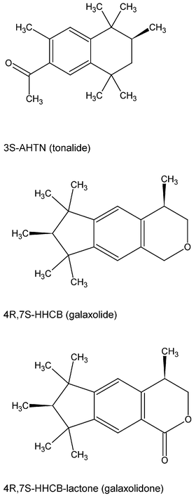 Structural formulae of AHTN, HHCB and the primary transformation product HHCB-lactone.