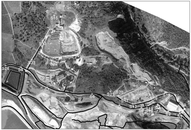 Location of sampling points on the polluted site of Salsigne. Black lines represent the ditches network.