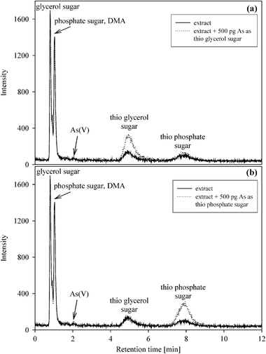 Anion-exchange chromatograms of a methanol-extract of Unio pictorum collected at Dunaföldvár (column: Hamilton PRP-X100, column temperature: 40 °C, mobile phase: 20 mM NH4HCO3 at pH 10.3, injection volume: 20 mm3, flow rate: 1.5 cm3 min−1).