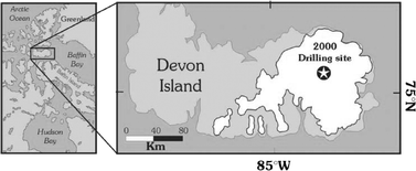 Map of a selected area of the Canadian High Arctic highlighting Devon Ice Cap where the ice core and the snow pit were collected at 75° N; 82° W; 1860 m asl in the years 2000 and 2004, respectively.