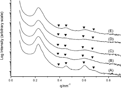 1D SAXS profiles of the SL1/SO1 blends (see Table 2 and the Experimental section). (A)
						SL1
						(B) blend 1
						(C) blend 2
						(D) blend 3
						(E) blend 4. The expected reflections for a cylindrical microstructure are marked by triangles (√3∶√4∶√7∶√9).
