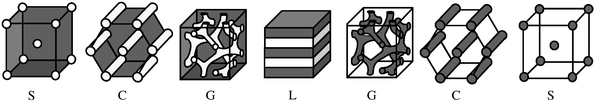 Schematic illustration of the nanostructures formed by an AB diblock copolymer in the bulk. The various phases are S (bcc spheres), C (hexagonally-packed cylinders), G (double gyroid), and L (lamellae). The white and grey domains represent the A and B blocks, respectively, as the fraction of A in the copolymer increases from left to right.