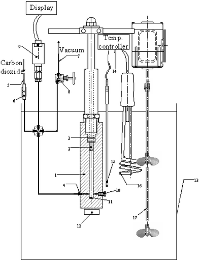 New apparatus for solubility measurements: (1)–cell, (2)–piston, (3)–Teflon O-ring, (4) and (10)–cell inlets, (5)–CO2 inlet, (6)–valve, (7)–vacuum line, (8)–valve, (9)–pressure transducer, (11)–magnetic stirrer, (12)–magnetic plate, (13)–bath, (14)–temp.controller, (15)–RTD probe, (16)–heater, and (17)–stirrer.