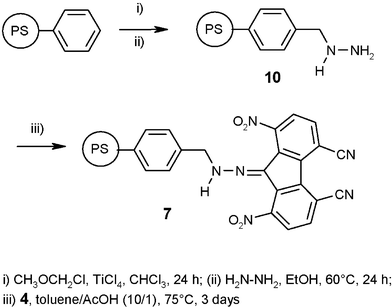 Immobilization of π-acceptor 4 on poly(styrene) resin 7.