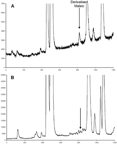HPLC-ICP-MS chromatograms measuring 31P+ at 30.974 m/z for the derivatisation of 0.1 mM maleic acid with: (A) 10 mM CMPI and 1.0 mM TMPP; and (B) 10 mM CMPI and 10 mM TMPP.