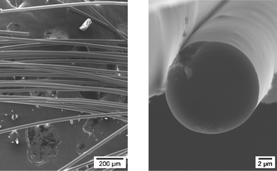 SEM micrographs of the cross-section and the surface morphology of the as-obtained Si3.0B1.0C5.0N2.4 fibers.