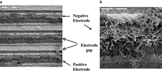 Deposition across an electrode array in an applied field of 10 V dc a, Fibrous growth is localised on the surface of the negative electrode only (scale bar has a width of 200 µm). b, The material as deposited on the negative electrode comprise thick, randomly orientated fibres (scale bar has a width of 50 µm).