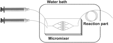 Microreaction system used in this study. The system consists of a PDMS micromixer and PTFE microtubes. Two syringes containing reagents were coupled on PDMS micromixer by PTFE microtubes (ϕ
						= 250 µm, 10 cm). The PDMS micromixer was attached to a PTFE microtube (ϕ
						= 250 µm, 500 cm) and served as a reaction region. The mixer and reaction region were kept at 30 °C in a water bath.