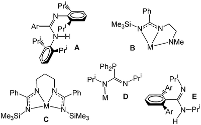 Recently developed amidinate ligand types (Ar = alkyl substituted or unsubstituted aryl, M = metal).