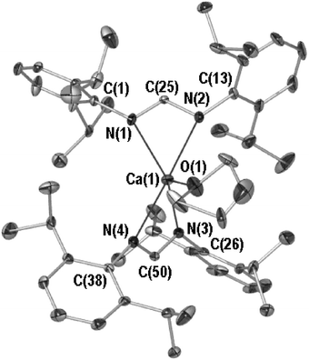 Molecular structure of 1, hydrogen atoms and lesser occupancy disordered atoms are omitted for clarity. Selected bond lengths (Å) and angles (°): Ca(1)–N(1) 2.361(3), Ca(1)–N(2) 2.406(3), Ca(1)–N(3) 2.374(3), Ca(1)–N(4) 2.389(3), Ca(1)–O(1) 2.323(3), N(1)–C(25) 1.317(4), N(2)–C(25) 1.316(4), N(3)–C(50) 1.333(4), N(4)–C(50) 1.314(4), N(1)–Ca(1)–N(2) 57.3(1), N(1)–C(25)–N(2) 120.5(3), N(3)–Ca(1)–N(4) 57.8(1), N(3)–C(50)–N(4) 120.7(3), O(1)–Ca(1)–N(1) 110.8(1), O(1)–Ca(1)–N(2) 94.9(1), O(1)–Ca(1)–N(3) 116.3(1), O(1)–Ca(1)–N(4) 92.1(1), N(1)–Ca(1)–N(3) 132.9(1), N(1)–Ca(1)–N(4) 120.7(1).