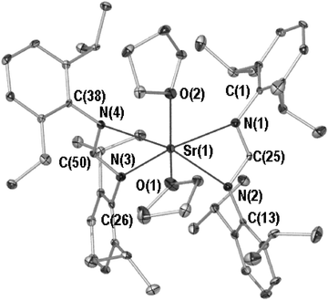 Molecular structure of 2, hydrogen atoms are omitted for clarity. Selected bond lengths (Å) and angles (°) for 2 and 3
					(latter in parentheses): M(1)–N(1) 2.537(3)
					(2.685(3)), M(1)–N(2) 2.617(3)
					(2.763(3)), M(1)–N(3) 2.565(3)
					(2.693(3)), M(1)–N(4) 2.619(3)
					(2.769(3)), M(1)–O(1) 2.542(2)
					(2.709(3)), M(1)–O(2) 2.583(3)
					(2.730(3)), N(1)–C(25) 1.320(4)
					(1.313(4)), N(2)–C(25) 1.318(4)
					(1.315(4)), N(3)–C(50) 1.329(4)
					(1.318(4)), N(4)–C(50) 1.326(4)
					(1.320(4)), N(1)–M(1)–N(2) 52.9(1)
					(49.9(1)), N(1)–C(25)–N(2) 120.9(3)
					(122.2(3)), N(3)–M(1)–N(4) 52.9(1)
					(49.8(1)), N(3)–C(50)–N(4) 120.8(3)
					(121.5(3)), O(1)–M(1)–O(2) 78.4(1)
					(80.1(1)), O(1)–M(1)–N(1) 112.7(1)
					(114.5(1)), O(1)–M(1)–N(2) 93.6(1)
					(100.6(1)), O(1)–M(1)–N(3) 110.6(1)
					(112.3(1)), O(1)–M(1)–N(4) 107.3(1)
					(107.1(1)), N(1)–M(1)–N(3) 126.7(1)
					(126.7(1)), N(1)–M(1)–N(4) 133.6(1)
					(131.1(4)).