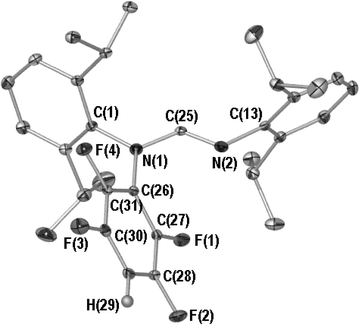 Molecular structure of 4, all hydrogen atoms except H(29) are omitted for clarity. Selected bond lengths (Å) and angles (°): N(1)–C(25) 1.381(2), N(2)–C(25) 1.263(2), N(1)–C(26) 1.422(2), N(1)–C(25)–N(2) 123.9(1), C(1)–N(1)–C(25) 119.2(1), C(1)–N(1)–C(26) 120.2(1), C(25)–N(1)–C(26) 120.6(1), C(13)–N(2)–C(25) 118.3(1).