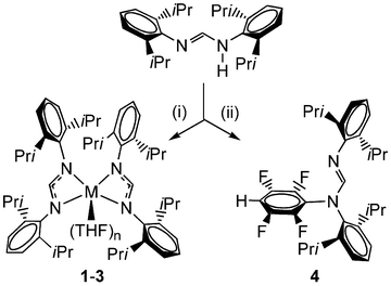 
          Reagents and conditions: (i) 0.5 equiv. M, 0.5 equiv. [Hg(C6F5)2], THF, ambient temperature, 24 h, −0.5 equiv. Hg(l), −2 equiv. C6F5H; 1, M = Ca, n
					= 1; 2, M = Sr, n
					= 2; 3, M = Ba, n
					= 2. (ii) 1.0 equiv. M (M = Ca, Sr or Ba), 1.0 equiv. [Hg(C6F5)2], THF, ambient temperature, 3–5 d, −1.0 equiv. Hg(i), −“MX2”.