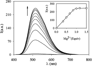 Fluorescence spectra of 1
					(2.5 × 10−5 M, λexc
					= 360 nm) in methanol–water (1∶1 v/v, pH 7.0) and upon addition of an increasing amount of Mg2+ ions. Inset: fluorescence intensity (λexc
					= 360 nm, λem
					= 520 nm)
					vs. equivalents of Mg2+ ions.