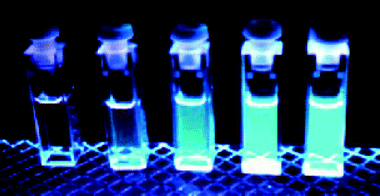 Methanol solutions of 3 (1 × 10−4 M) with an increasing amount (from left to right, 0, 2, 4, 6, 8 × 10−5 M) of Cd2+ ions irradiated with UV light.