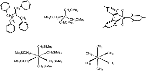 Transition-metal-alkyl complexes owing their stability to the lack of β-hydrogens, despite numbers of metal valence electrons that are much lower than 18.