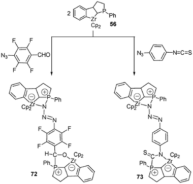 The [3 + 1] and [3 + 2] cycloadditions between 56 and 4-azidotetrafluorobenzaldehyde or 4-azidodiphenyl isothiocyanate.