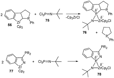 Synthesis of zirconabisazaspirophosphanes 76 and 78.
