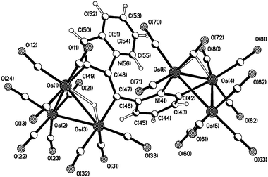 The molecular structure of [{Os3(μ-H)(CO)10}2{μ-η1:η1,μ-η1:η1-(C8H5N)–C–(C5H3N)}]
						7.