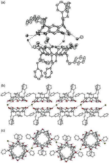 X-Ray crystal structure of complex I. (a) A thermal ellipsoid (30% probability level) illustration of the dimeric capsule of 1e. Hydrogen bonds are indicated by dashed lines. Only OH hydrogens are shown. The other hydrogens, as well as the disordered cation and solvent molecules, are omitted for clarity. (b) Packing view showing the hydrogen-bond linkage of adjacent capsules. The cations, hydrogen atoms and solvent molecules are omitted. (c) Top view of the capsule chain.