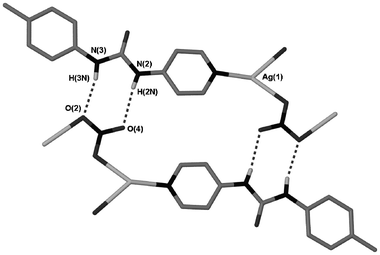 Hydrogen bonding between coordination polymer chains in 6. Hydrogen bond data is given in Table 2.