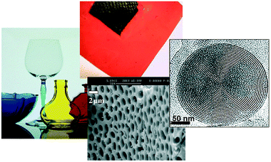 Hybrid materials permeate a very large variety of advanced technologies: from the conspicuous glassware coatings13 on the left to the proton-exchange membrane hidden in state-of-the-art polymeric fuel cells14 (top). They also allow for the design of micro-, meso- and nanostructured systems, whether hybrid or inorganic, like the biopolymer/nanoCeO2 hybrid precursors of ceria with hierarchical porosity15 shown in the middle, or the nanostructured mesoporous onion-like SiO2 structures15 on the right.