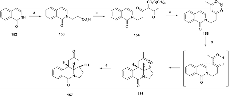 Reagents and conditions: a) methyl acrylate, cat. MeONa, then 1 M HCl reflux; b) SOCl2, then CH3COCH2CO2t-Bu, NaH; c) TsOH, benzene, reflux; d) hν; e) piperidine, toluene, reflux.