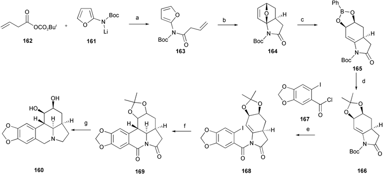 Reagents and conditions: a) THF; b) 25 °C; c) PhB(OH)2, [Rh(COD)Cl]2, DPPF, THF; d) HCl, pinacol, then Me2C(OMe)2; e) Mg(ClO4)2, MeCN; f) AIBN, Bu3SnH, benzene, reflux; g) BH3·THF, then 3% HCl, MeOH.