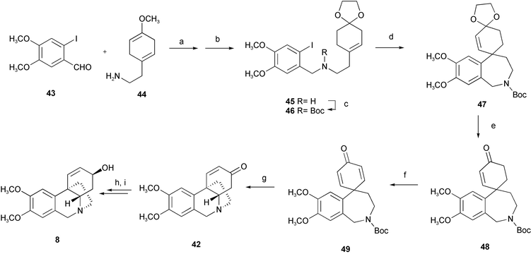 Reagents and conditions: a) NaBH4, MeOH, r.t.; b)
							(CH2OH)2, BF3·Et2O, THF, r.t.; c) Boc2O, t-BuOH–H2O, r.t.; d)
							[Pd2(dba)3], dppe, TlOAc, CH3CN, reflux; e) 1 M HCl, THF, r.t.; f) SeO2, t-BuOH, AcOH, reflux; g) TFA, CH2Cl2, r.t.; h) NaBH4, CeCl3, MeOH, r.t.; i) MsCl, NEt3, CH2Cl2, r.t. then CsOAc, DMF, r.t., then K2CO3, MeOH, r.t.