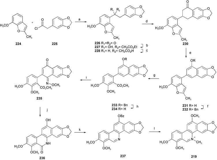 Reagents and conditions: a) SnCl4, CH2Cl2, −15 °C; b) BrCH2CO2Et, Zn, I2, THF, reflux; c) Et3SiH, TFA, CH2Cl2, 0 °C, then KOH, EtOH, reflux; d) POCl3, K2CO3, MeCN; e) TsOH, isopropenyl acetate, then DDQ, r.t., then NaOH, EtOH, 85 °C; f) BnBr, K2CO3, DMF, 50 °C; g) OsO4, pyridine, 30 °C, then Na2SO3, then HIO4, H2O–dioxane, r.t., then aq. NaOH, then Me2SO4, BnBu3NCl, aq. NaOH, benzene; h) Pd/C, H2, AcOH; i)
							i-C5H11ONO, K2CO3, DMF, then Me2SO4; j) Pd/C, H2, AcOH; k) Bz2O, then Tf2O, i-Pr2NEt, 0 °C, then Pd(OAc)2, dppp, Et3SiH, DMF; l)
							(i) MeONa, MeOH, (ii) Me2SO4, NaBH4, HMPA, (iii) DDQ, NaOH, benzene, then HCl.