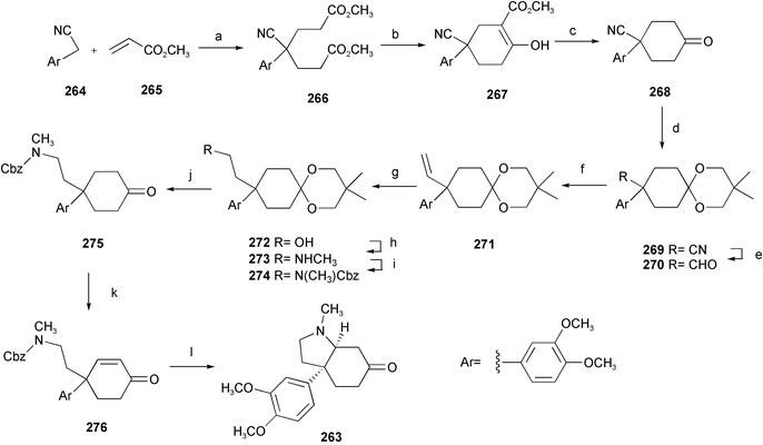 Reagents and conditions: a) 10% NaOH, TBAHSO4; b) NaH, DME, reflux; c) NaCl, DMSO, 140 °C; d)
					(CH3)2C(CH2OH)2, PPTS, benzene, reflux; e) DIBAL-H, CH2Cl2; f) Ph3PCH3I, NaNH2, Et2O–THF; g) BH3·SMe2, THF, then 30% H2O2, 30% NaOH; h) Et3N, MsCl, then 40% aq. MeNH2, THF–H2O, 80 °C; i) CbzCl, K2CO3, r.t.; j) acetone, H2O, cat. H2SO4; k) Et3N, TMSCl, MeCN, then NBS, THF, then Li2CO3, LiBr, DMF, 110 °C; l) BF3Et2O, Me2S, CH2Cl2, 0 °C to r.t.