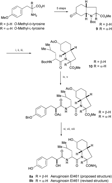 Reagents and conditions: i, NaBH4, MeOH; ii, Ac2O, DMAP, PyBOP; iii, 1. TFA, CH2Cl2, 0 °C, 2. Boc-d-Leu, CH2Cl2, PyBOP, NMM, rt; iv, TFA, CH2Cl2, 0 °C; v, AcO-l-Hpla(Bn), CH2Cl2, PyBOP, NMM, rt; vi, 0.1 N LiOH, THF, rt; vii, HOBt·H2O, EDC, NMM, THF, 0 °C then NH4OH, rt; viii, H2, 10% Pd/C, rt.