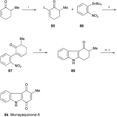 Reagents and conditions: i, I2, CCl4, pyridine; ii, PdCl2(PhCN)2, AsPh3, CuI, NMP, 80 °C; iii, Pd(dba)2, dppp, 1,10-phenanthroline, CO, DMF, 80 °C; iv, Pd/C. Ph2O, 230 °C, 1,2,4-trimethylbenzene; v, Fremy's salt.