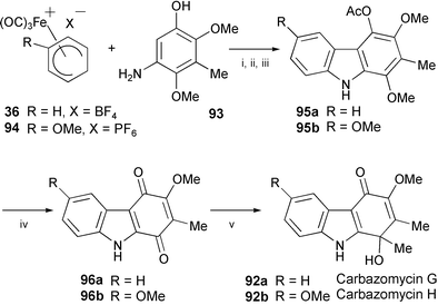 Reagents and conditions: i, MeCN; ii, Ac2O, Et3N, DMAP, CH2Cl2; iii, activated MnO2, CH2Cl2; iv, (NH4)2Ce(NO3)6, MeCN, H2O; v, MeLi, THF, −78 °C.