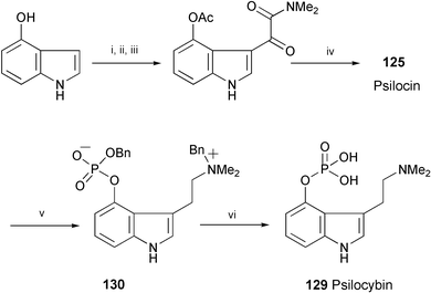Reagents and conditions: i, Ac2O, pyridine; ii, (COCl)2; iii, Me2NH; iv, LiAlH4; v, [(BnO)2PO]2O, n-BuLi, THF, −78 °C to 0 °C; vi, Pd/C, H2.