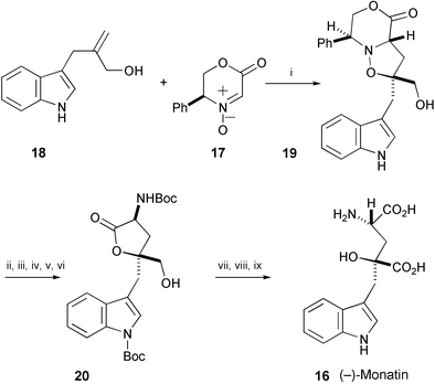 Reagents and conditions: i, MgBr2·OEt2, CH2Cl2, rt; ii, TBSCl, imidazole, DMF; iii, Boc2O, DMAP, MeCN; iv, HF·pyridine, THF; v, H2, Pd(OH)2/C, MeOH; vi, Boc2O, MeCN; vii, PDC, DMF; viii, HCl, HCO2H; ix, NaOH, MeOH then Amberlite® IR-120-H+ form, aq. NH3.